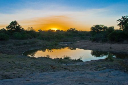 Abendstimmung bei Sonnenuntergang an einem Wasserloch